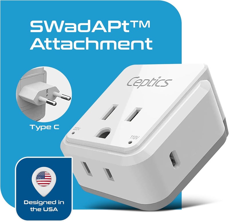 Ceptics European Plug Adapter, Safe USB-C 30W PD & QC 3.0-2 USA Socket - Compact & Powerful - Use in Greece, Italy, Switzerland, Turkey, Portugal - Includes Type C Swadapt Attachment - Image 4