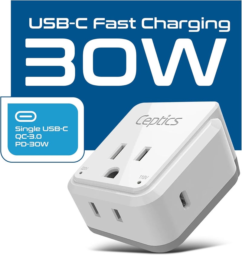 Ceptics European Plug Adapter, Safe USB-C 30W PD & QC 3.0-2 USA Socket - Compact & Powerful - Use in Greece, Italy, Switzerland, Turkey, Portugal - Includes Type C Swadapt Attachment - Image 2