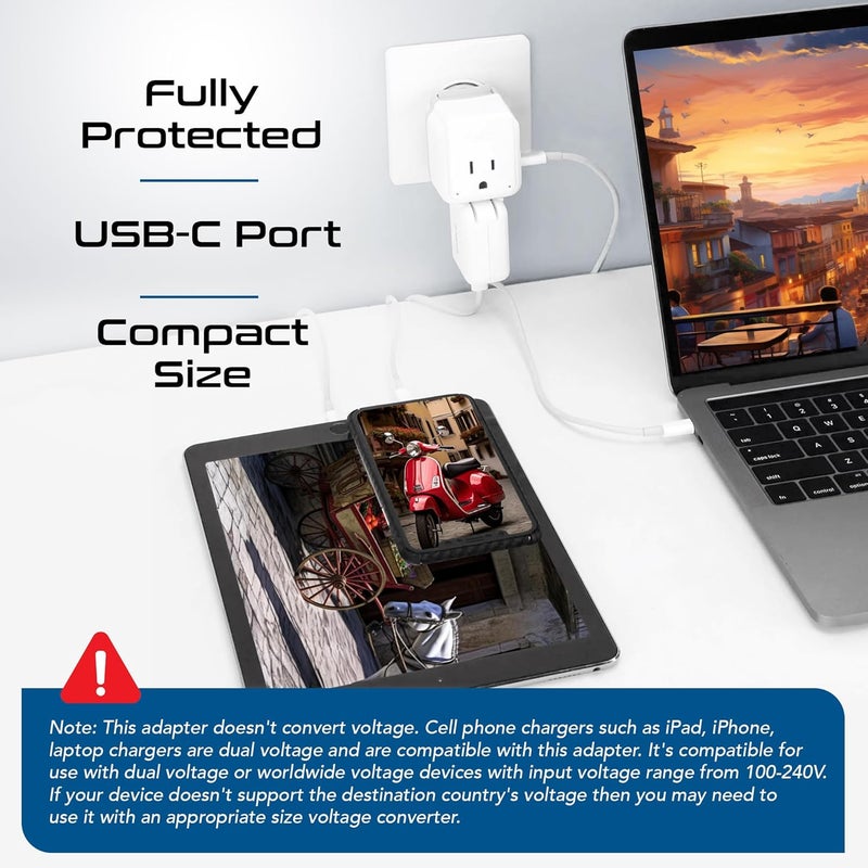 Ceptics European Plug Adapter, Safe USB-C 30W PD & QC 3.0-2 USA Socket - Compact & Powerful - Use in Greece, Italy, Switzerland, Turkey, Portugal - Includes Type C Swadapt Attachment - Image 3