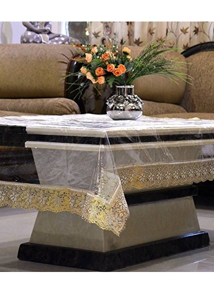 Lithara Lithara PVC Waterproof Dining Table Cover for 10 Seater Transparent Design with Lace Rectangular Protector Size 60 x 108 Inches Golden  - Image 2