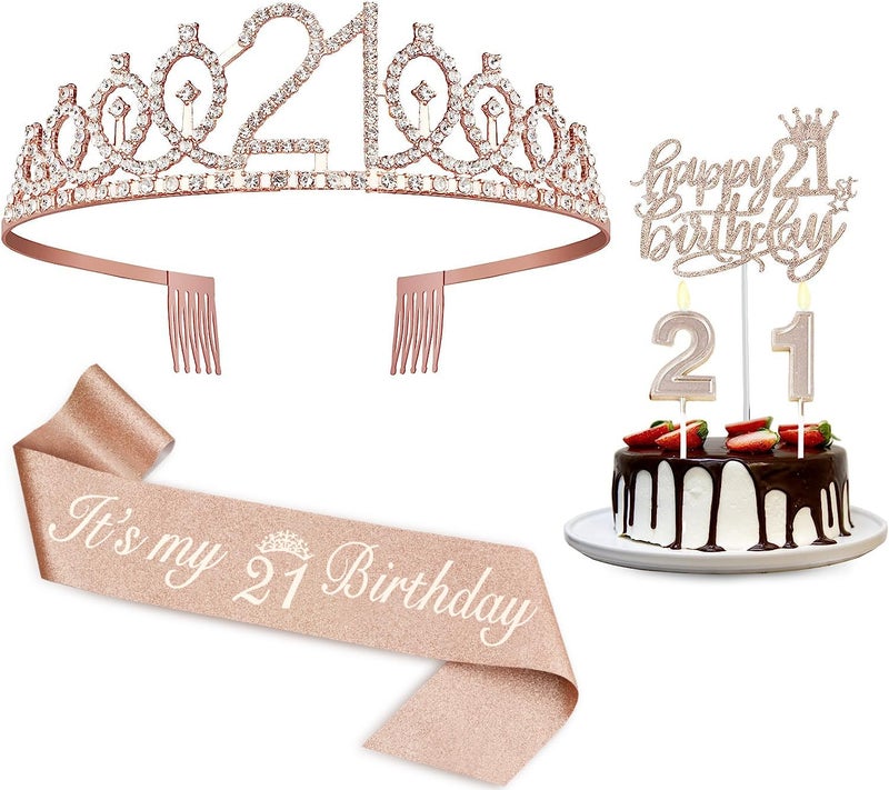Juesly 21st Birthday Decorations for Her, Including 21st Birthday Sash and Tiara, Cake Topper, Candles, 21 Year Old Gifts for Her - Image 1