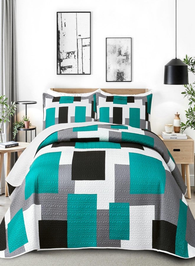 Tyrot Teal Grey Quilt Set King Size Patchwork Quilt Bedding Set with 2 Pillow Shams - Image 1