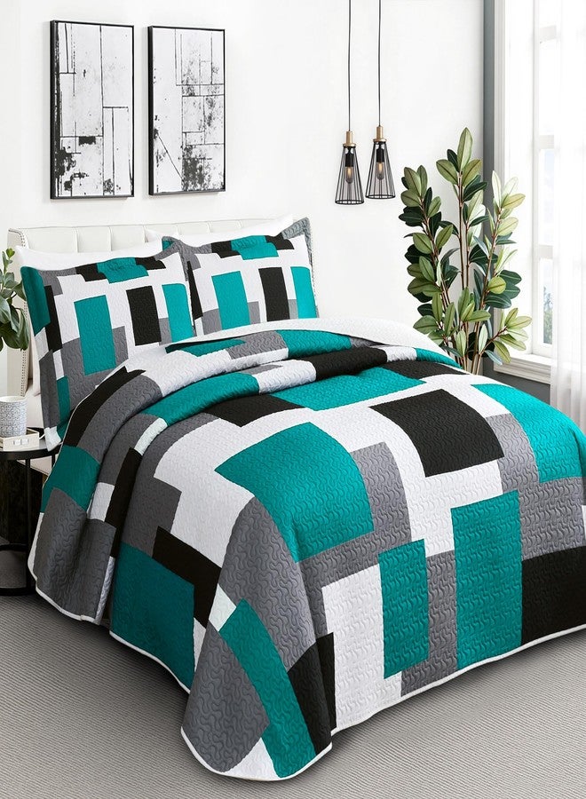 Tyrot Teal Grey Quilt Set King Size Patchwork Quilt Bedding Set with 2 Pillow Shams - Image 2