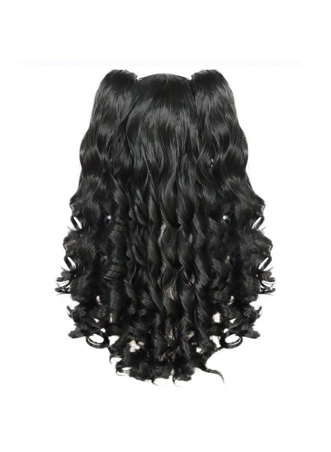 Anogol Hair+Cap Black Cosplay Wig With Clip-on Ponytails Long Curly Wigs with Bangs for Halloween Costume Party for Girls Women 2 Curly Ponytails Black Cosplay Wig Long Wavy Pigtails Wig with Bangs - Image 4