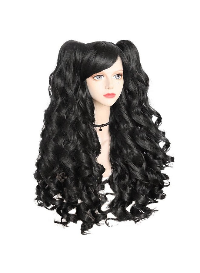 Anogol Hair+Cap Black Cosplay Wig With Clip-on Ponytails Long Curly Wigs with Bangs for Halloween Costume Party for Girls Women 2 Curly Ponytails Black Cosplay Wig Long Wavy Pigtails Wig with Bangs - Image 3