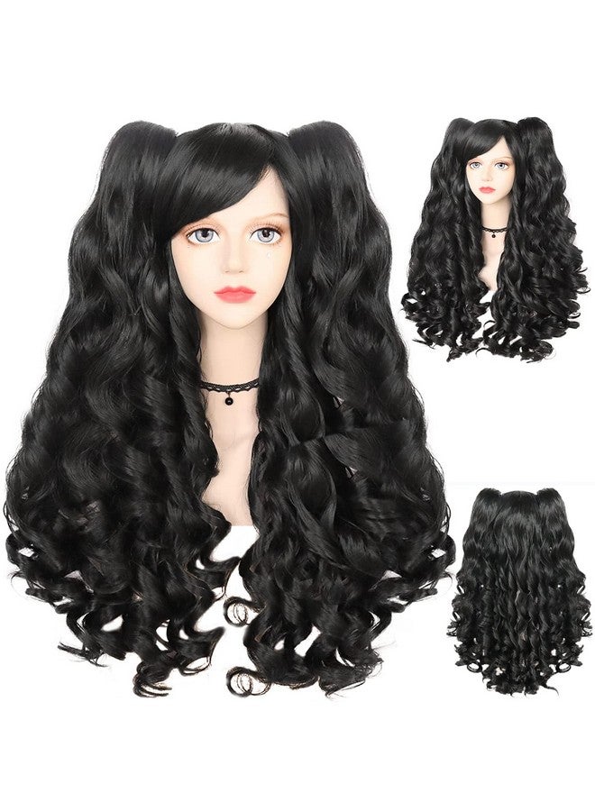 Anogol Hair+Cap Black Cosplay Wig With Clip-on Ponytails Long Curly Wigs with Bangs for Halloween Costume Party for Girls Women 2 Curly Ponytails Black Cosplay Wig Long Wavy Pigtails Wig with Bangs - Image 2