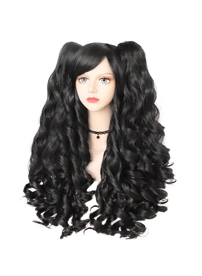 Anogol Hair+Cap Black Cosplay Wig With Clip-on Ponytails Long Curly Wigs with Bangs for Halloween Costume Party for Girls Women 2 Curly Ponytails Black Cosplay Wig Long Wavy Pigtails Wig with Bangs - Image 1