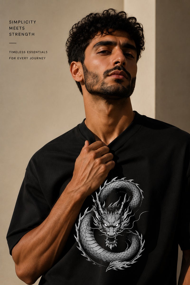Men's Oversized Black Dragon Graphic T-Shirt Casual Short Sleeve Crew Neck Streetwear Tee - Image 5