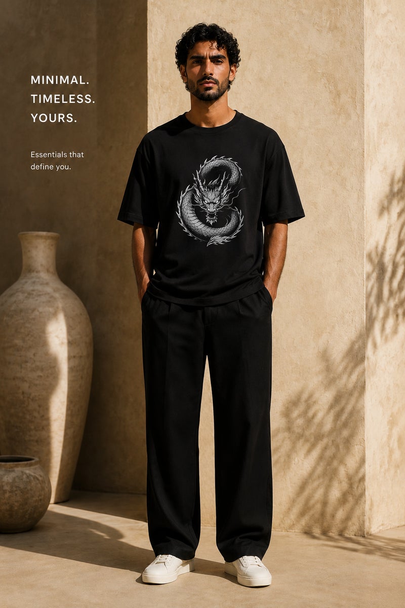 Men's Oversized Black Dragon Graphic T-Shirt Casual Short Sleeve Crew Neck Streetwear Tee - Image 2