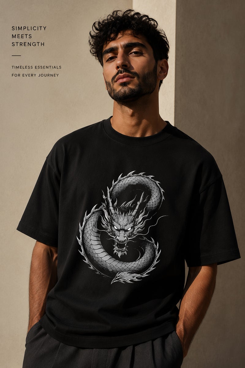 Men's Oversized Black Dragon Graphic T-Shirt Casual Short Sleeve Crew Neck Streetwear Tee - Image 1