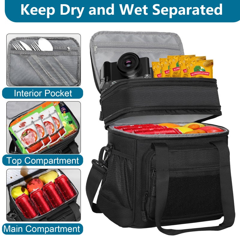 GLENKEY Double Deck Insulated Lunch Box, Expandable Large Lunch Bag Leakproof Cooler Bag Lunch Pail for Men Women Adults Work Shifts Travel Daytrip, Black - Image 3