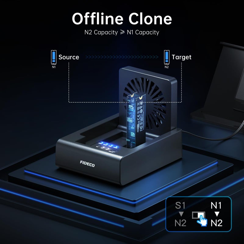 FIDECO M.2 NVMe SSD Cloner and Duplicator, 3-Bay Hard Drive Cloner Dock for M.2 NVMe SSD and 2.5"/3.5" SATA HDD, Hard Drive Reader with Foldable Cooling Fan, Ultimate Heat Dissipation, Tool-Free - Image 3