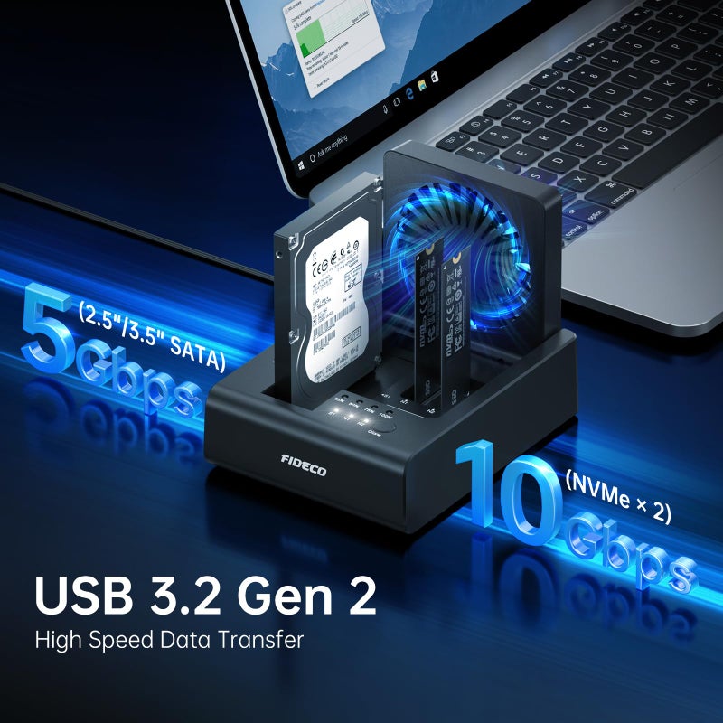 FIDECO M.2 NVMe SSD Cloner and Duplicator, 3-Bay Hard Drive Cloner Dock for M.2 NVMe SSD and 2.5"/3.5" SATA HDD, Hard Drive Reader with Foldable Cooling Fan, Ultimate Heat Dissipation, Tool-Free - Image 2