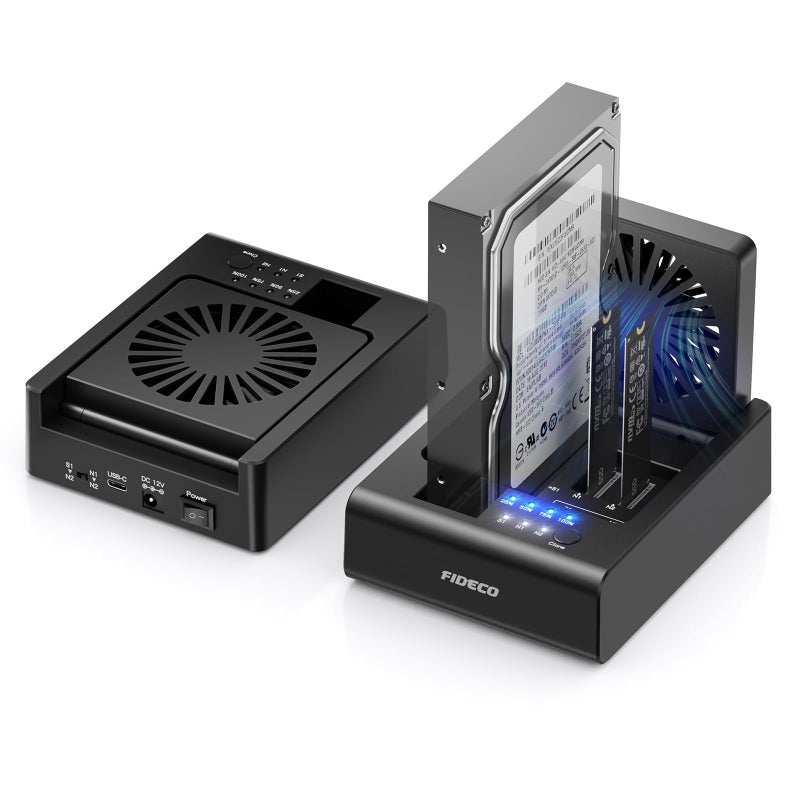 FIDECO M.2 NVMe SSD Cloner and Duplicator, 3-Bay Hard Drive Cloner Dock for M.2 NVMe SSD and 2.5"/3.5" SATA HDD, Hard Drive Reader with Foldable Cooling Fan, Ultimate Heat Dissipation, Tool-Free - Image 1