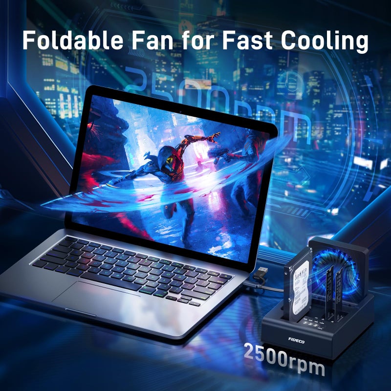 FIDECO M.2 NVMe SSD Cloner and Duplicator, 3-Bay Hard Drive Cloner Dock for M.2 NVMe SSD and 2.5"/3.5" SATA HDD, Hard Drive Reader with Foldable Cooling Fan, Ultimate Heat Dissipation, Tool-Free - Image 5