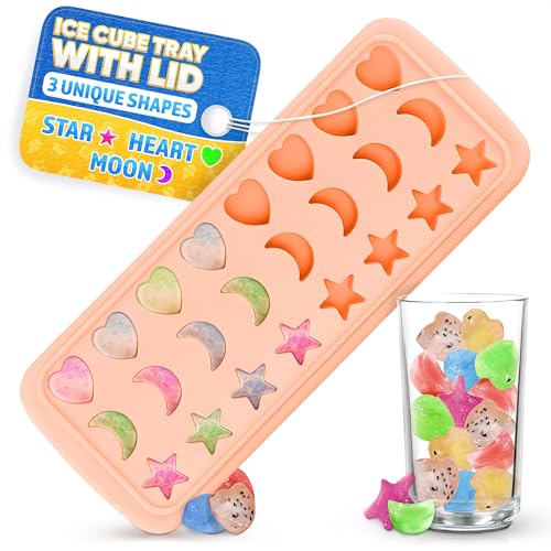Cute Ice Cube Tray with Lid  Flexible Food Safe TemperatureResistant Silicone Star Moon and Heart Ice Cube Tray Fun Shapes in 24 Cavities  Easy to Clean and Remove Great for Home Creations