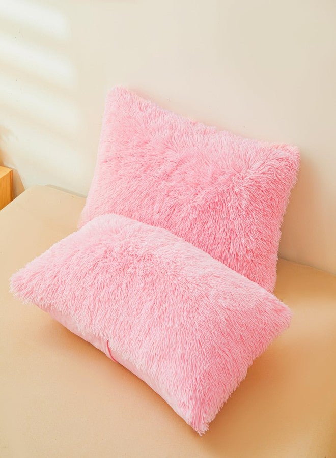 ERLOXO Fluffy Pink Pillow Cover, Ultra Soft Fuzzy Plush Pink Pillow Cases with Furry Texture and Shaggy Touch, Faux Fur Cushion Shams 20"x26" Zippered, Set of 2 - Image 1