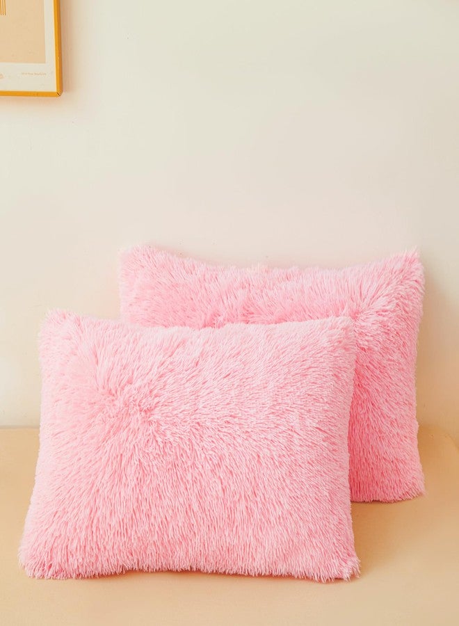 ERLOXO Fluffy Pink Pillow Cover, Ultra Soft Fuzzy Plush Pink Pillow Cases with Furry Texture and Shaggy Touch, Faux Fur Cushion Shams 20"x26" Zippered, Set of 2 - Image 2