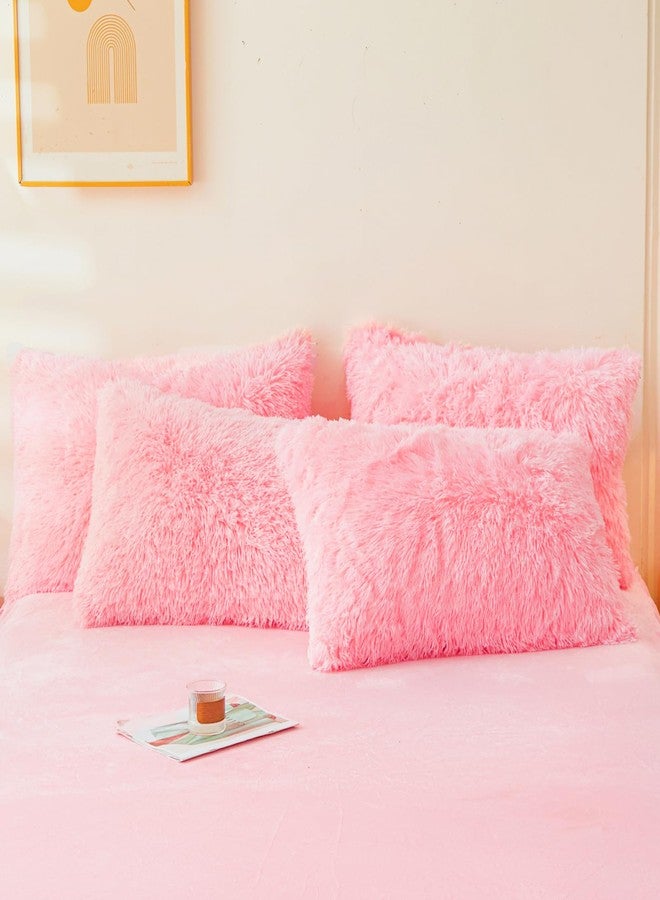 ERLOXO Fluffy Pink Pillow Cover, Ultra Soft Fuzzy Plush Pink Pillow Cases with Furry Texture and Shaggy Touch, Faux Fur Cushion Shams 20"x26" Zippered, Set of 2 - Image 4