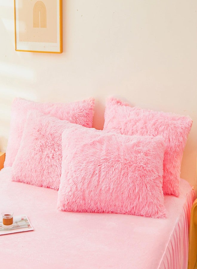 ERLOXO Fluffy Pink Pillow Cover, Ultra Soft Fuzzy Plush Pink Pillow Cases with Furry Texture and Shaggy Touch, Faux Fur Cushion Shams 20"x26" Zippered, Set of 2 - Image 3