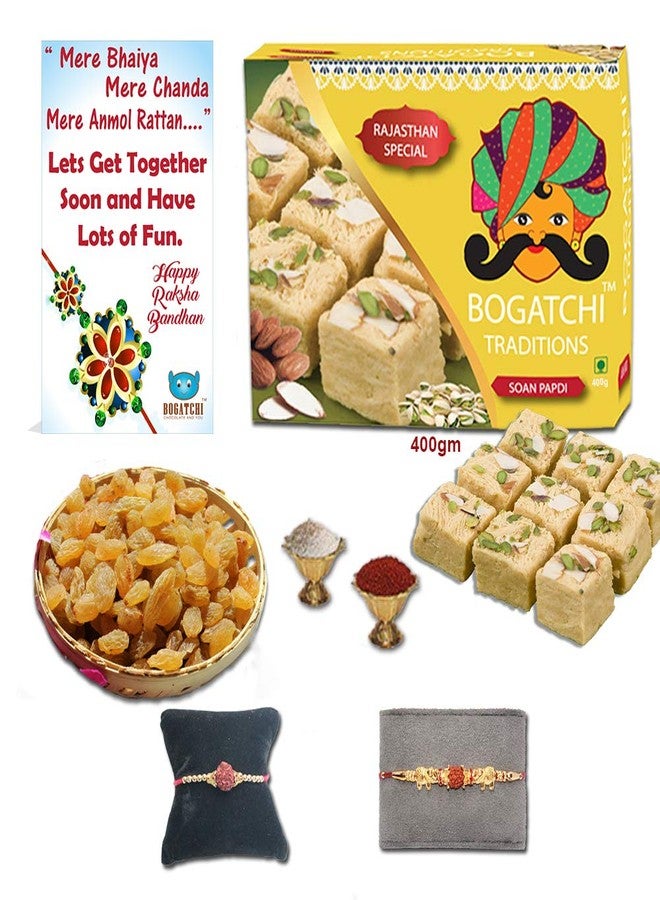 BOGATCHI Rakhi Sweets for Brother, Traditional Soan Papdi, 400gm with 2 Rakhi + Natural Raisins,100g + Roli Chawal + Free Rakhi Card - Image 1