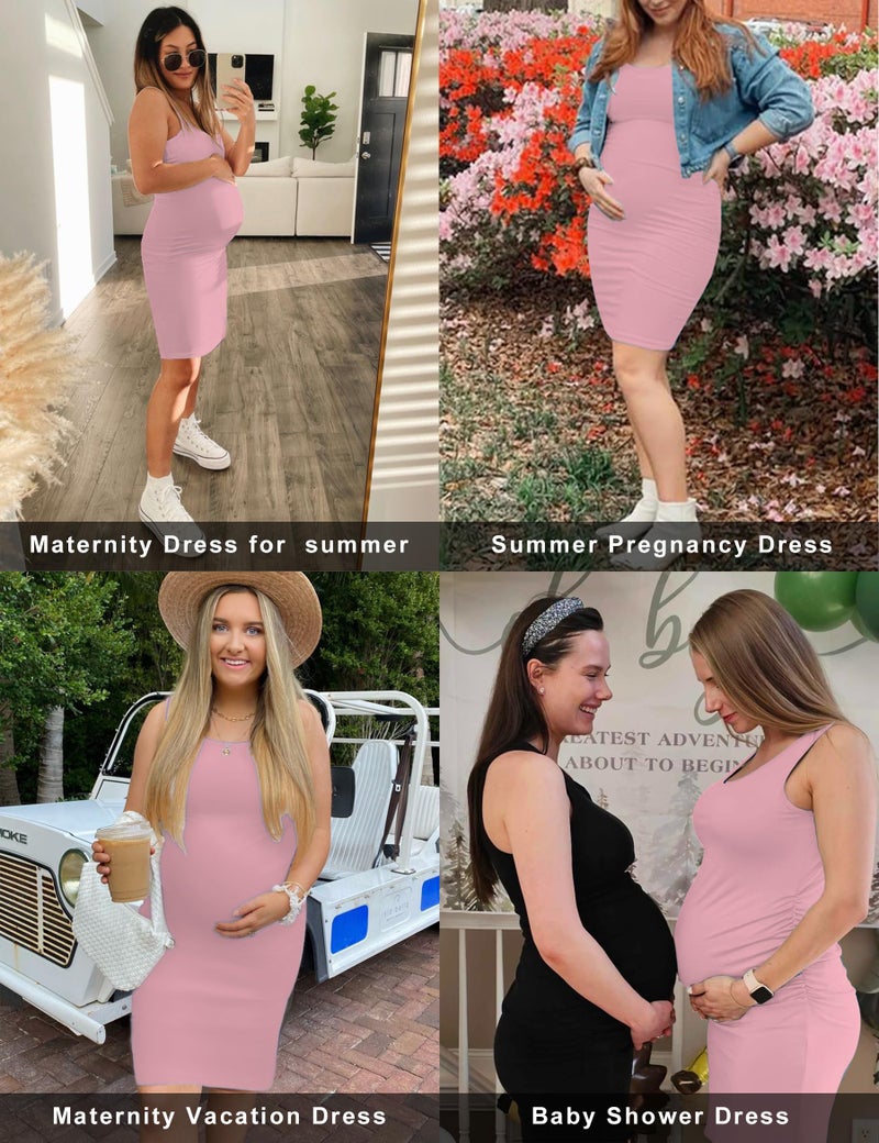KIM S Summer Bodycon Maternity Dress Tank Maternity Dress for Photoshoot Baby Shower Pregnancy Clothes Sleeveless Sundress Must Haves Bump Friendly (Pink L) - Image 2