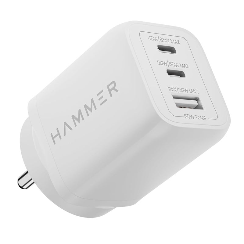 Hammer 65W GaN Fast Charger | Dual USB-C PD & PPS + USB-A | Fast Charge iPhone 17–12, Samsung S25-S23, MacBook Air/Pro, iPad | Compact Wall Adapter | 2-Yr Warranty | Made in Vietnam (No Cable) - Image 1