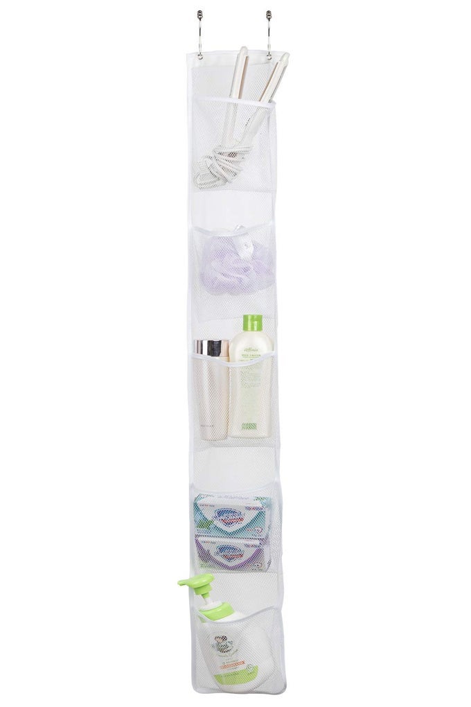 HANGING STORAGE SHOWER CADDY ORGANIZERMESH POCKETS FOR BATHROOMCLOSETPANTRY WHITE