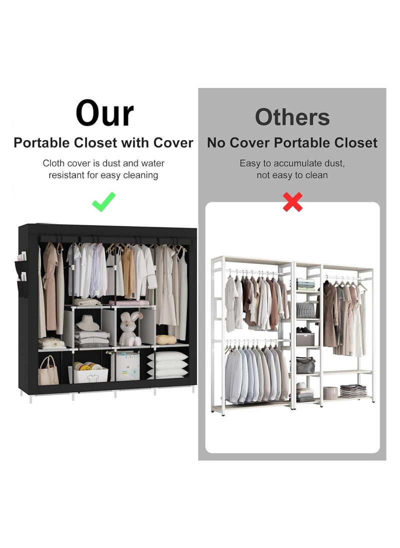 Portable Wardrobe, Wardrobe Shelves, Clothes Storage Organiser with 4 Hanging Rails, Black