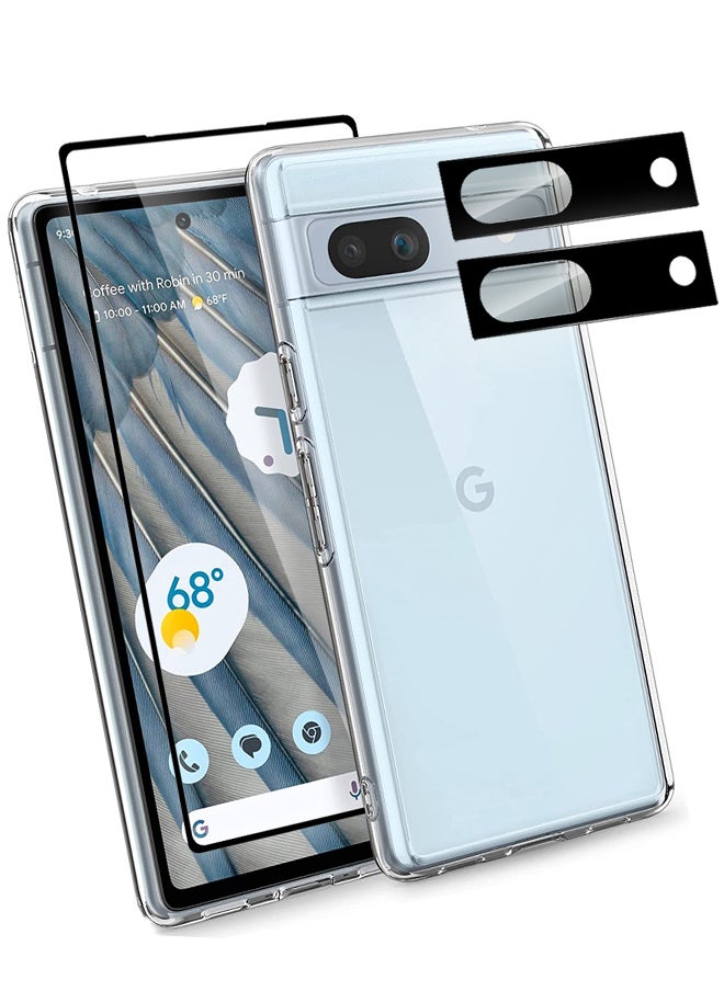 CATANES - 4 Packs For Google Pixel 7a TPU Case and Screen Protector and 2 Camera Lens Protectors Clear Anti-Yellowing Transparent Shockproof Protective Phone Case Scratch Resistant Cover - Image 1