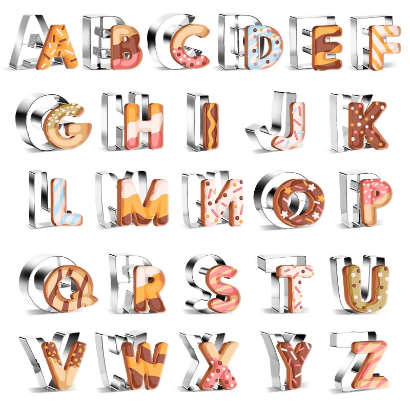 Realand 26Pcs Large 65cm Alphabet Letter Cookie Cutters Shapes  Stainless Steel ABC Cookie Cutters Set Metal Fondant Biscuit Tools for Christmas Birthday Holiday