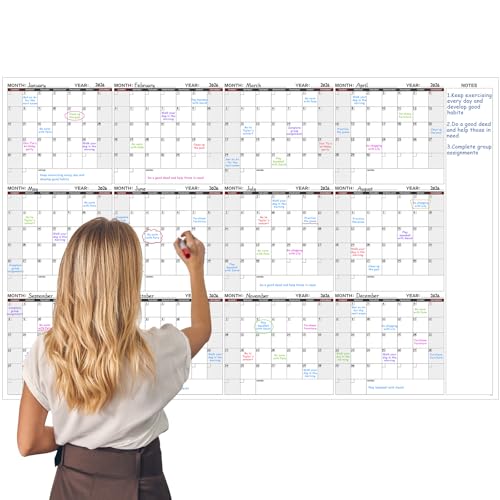 MaaIbok Large Dry Erase Calendar for Wall Yearly Wall Calendar Dry Erase 37 x 579 12Month Undated Erasable Reusable Laminated Wall Calendar 15 Round Stickers Perfect for Home Office and School Black With Red - Image 1