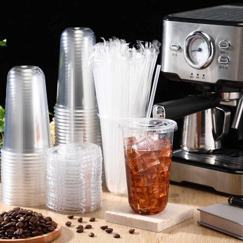 Ziliny 50 Sets Clear Plastic Cups with Lids and Straws  Disposable Iced Coffee Cups Drinking PET for Cold Drinks  Juice  Smoothie  Coffee Shops  Party  Christmas(Clear 18 oz) - Image 1