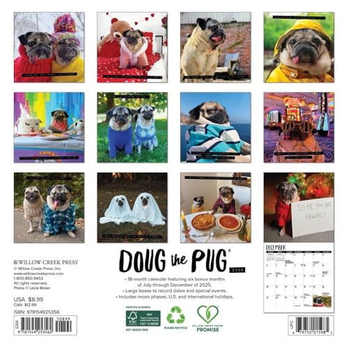 Willow Creek Press, Doug the Pug 2026 Mini Wall Calendar, 7'' X 7'', 18-Month Calendar with Stapled Binding - Image 2