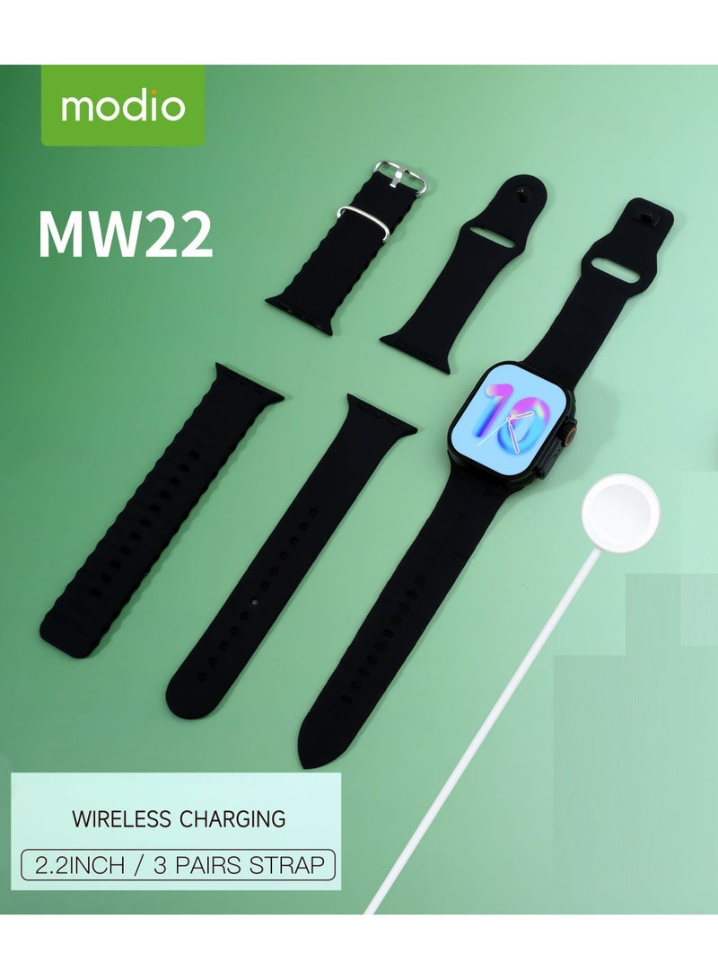 Modio MW22 Smartwatch 2.2 Inch Display With 3 Pair Straps and Charging Cable Designed for Ladies and Gents Black - Image 2