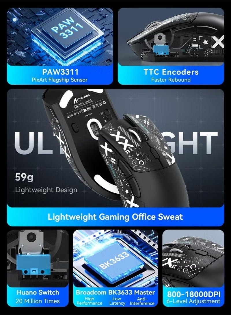 Attack Shark R1 59g Superlight Mouse with Ribbon, Wireless/Wired BT/2.4G Gaming Mouse, 6 DPI Adjustable up to 18000, 65 Hour Battery  - Image 2