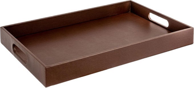 BEAUTIFUL MODERN ELEGANT 18X12 RECTANGLE CLASSIC BROWN FAUX LEATHER DECORATIVE TRAY OTTOMAN COFFEE TABLE PERFUME LIVING ROOM KITCHEN SERVING TRAY WITH HANDLES FOR ALL OCCASIONS
