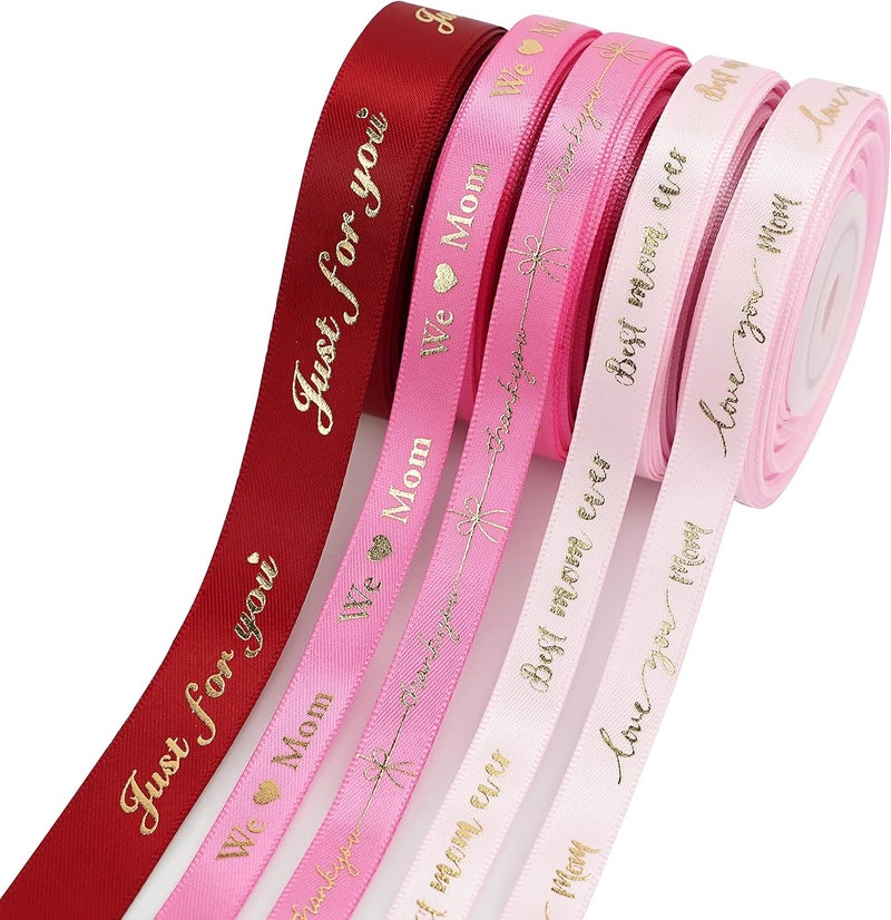 Meedee Pink Ribbon for Gift Wrapping Thank You Just for You Ribbon Mothers Day Gift Box Double Face Satin Assortment Thin Pink Satin Fabric, 5 Rolls 10 Yards Each Total 50 Yards - Image 1