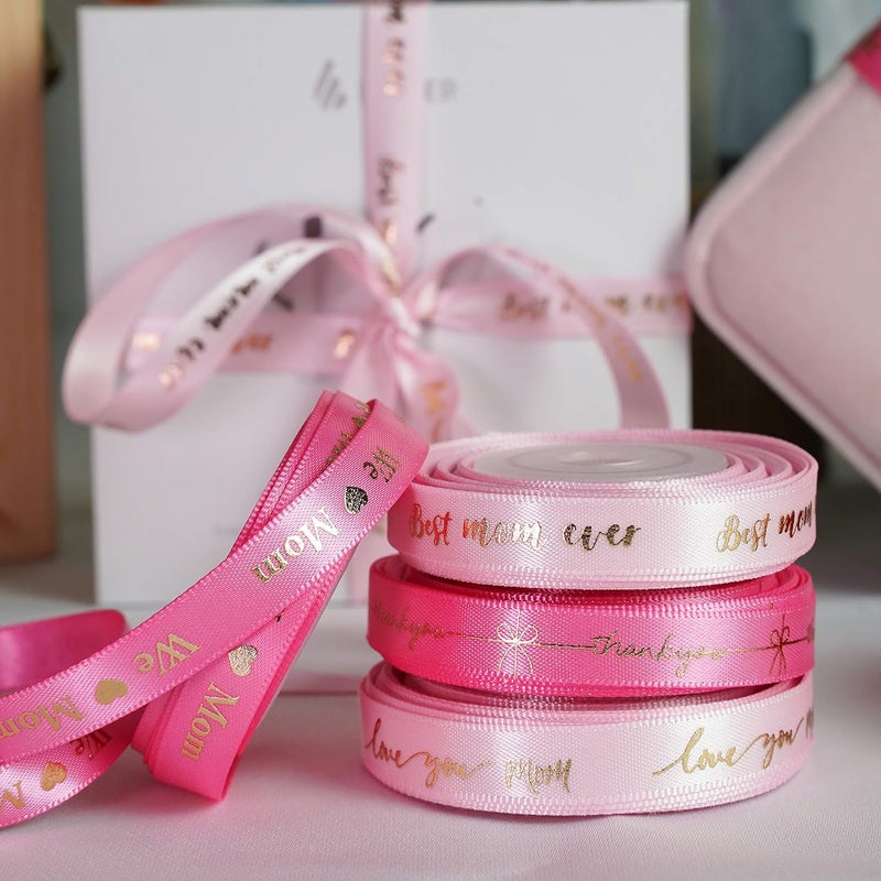 Meedee Pink Ribbon for Gift Wrapping Thank You Just for You Ribbon Mothers Day Gift Box Double Face Satin Assortment Thin Pink Satin Fabric, 5 Rolls 10 Yards Each Total 50 Yards - Image 5