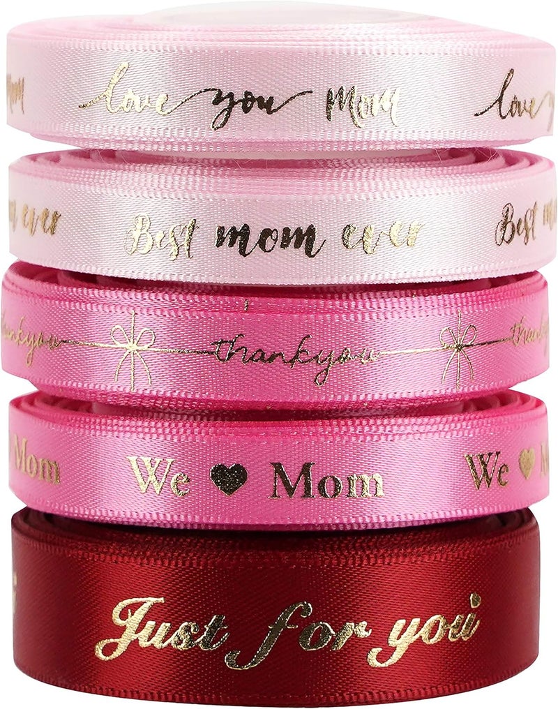 Meedee Pink Ribbon for Gift Wrapping Thank You Just for You Ribbon Mothers Day Gift Box Double Face Satin Assortment Thin Pink Satin Fabric, 5 Rolls 10 Yards Each Total 50 Yards - Image 3