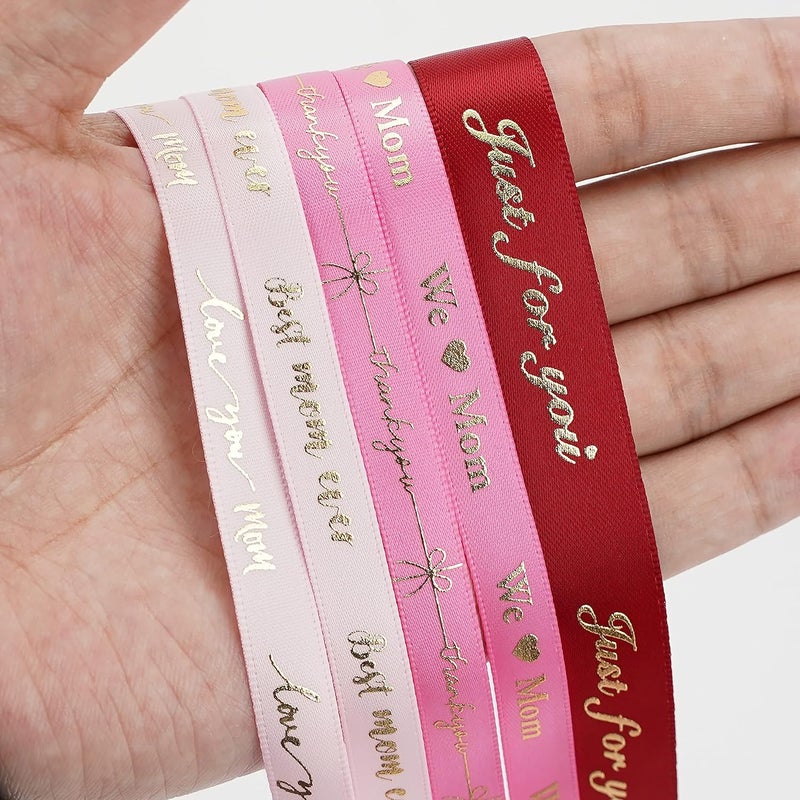 Meedee Pink Ribbon for Gift Wrapping Thank You Just for You Ribbon Mothers Day Gift Box Double Face Satin Assortment Thin Pink Satin Fabric, 5 Rolls 10 Yards Each Total 50 Yards - Image 4