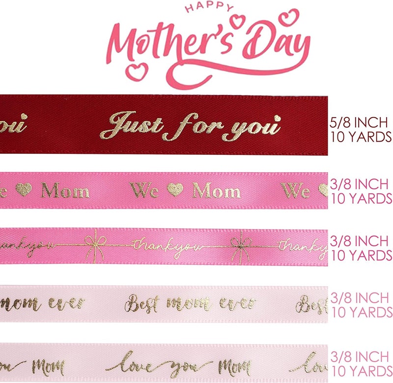 Meedee Pink Ribbon for Gift Wrapping Thank You Just for You Ribbon Mothers Day Gift Box Double Face Satin Assortment Thin Pink Satin Fabric, 5 Rolls 10 Yards Each Total 50 Yards - Image 2
