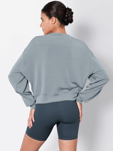 ODODOS Modal Soft Long Sleeve Cropped Sweatshirts for Women Oversized Crew Neck Pullover Crop Top, Grey Blue, Medium - Image 3