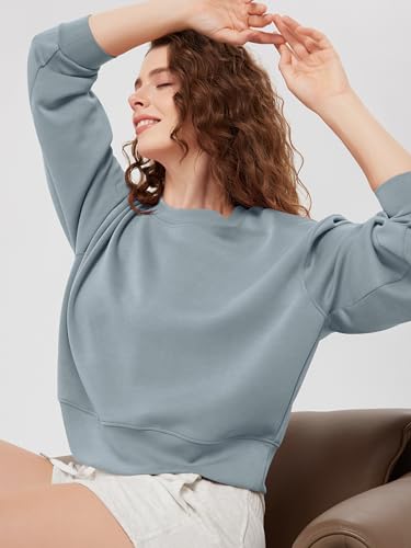 ODODOS Modal Soft Long Sleeve Cropped Sweatshirts for Women Oversized Crew Neck Pullover Crop Top, Grey Blue, Medium - Image 4