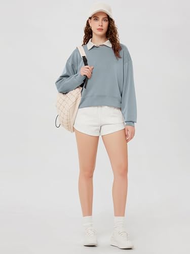 ODODOS Modal Soft Long Sleeve Cropped Sweatshirts for Women Oversized Crew Neck Pullover Crop Top, Grey Blue, Medium - Image 5