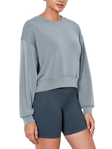 ODODOS Modal Soft Long Sleeve Cropped Sweatshirts for Women Oversized Crew Neck Pullover Crop Top, Grey Blue, Medium - Image 1