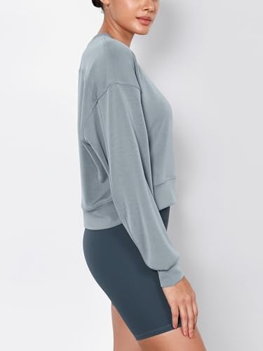 ODODOS Modal Soft Long Sleeve Cropped Sweatshirts for Women Oversized Crew Neck Pullover Crop Top, Grey Blue, Medium - Image 2