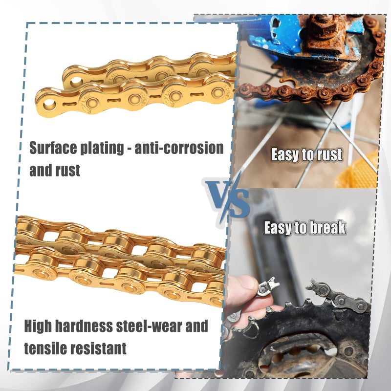 BUCKLOS 6/7/8/9/10/11/12 Speed Bike Chain,Bicycle Chain for Road Bike/E-Bike/Mountain Bike/MTB/Shimano SRAM,Half/Full Hollow Bike Chain Silver/Gold 1/2 x 11/128 Inch 116 Links with Quick Link - Image 2