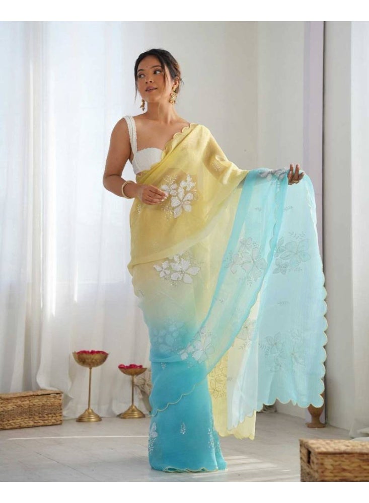 Luxury Crunchy Silk Saree with Multi-Thread Floral Embroidery & Scallop Araco Border | Fancy Satin Silk Blouse Piece | Festive & Party Wear (Icy Blue)