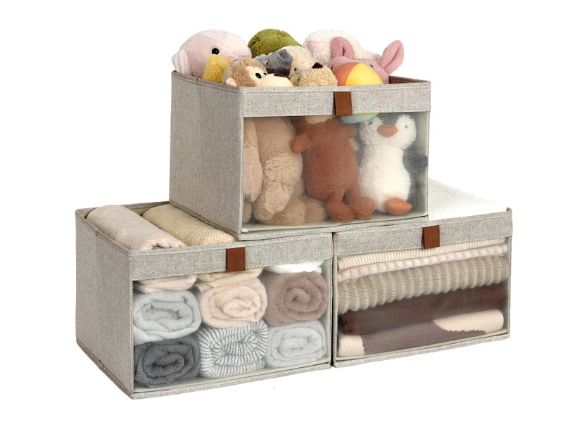 صناديق تخزين StorageWorks للدواليب سلال تخزين كبيرة مع نافذة شفافة ومقابض منظم قماش قابل للطي للملابس الرفوف بني وبيج 3 عبوة